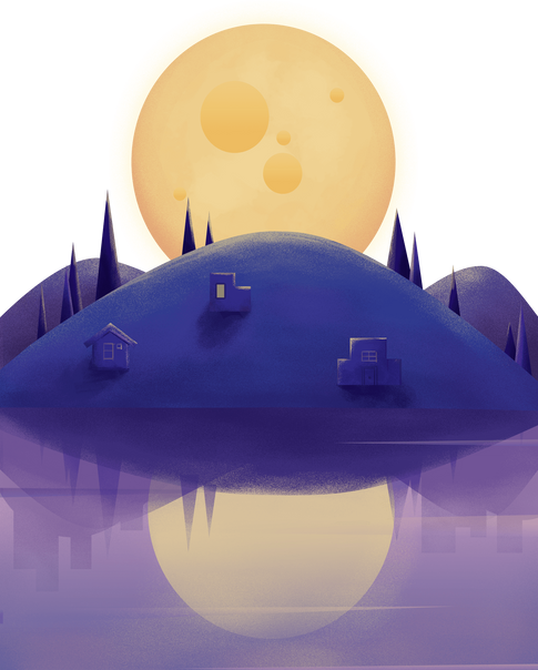 半圆形山坡树木圆月水影肌理插画